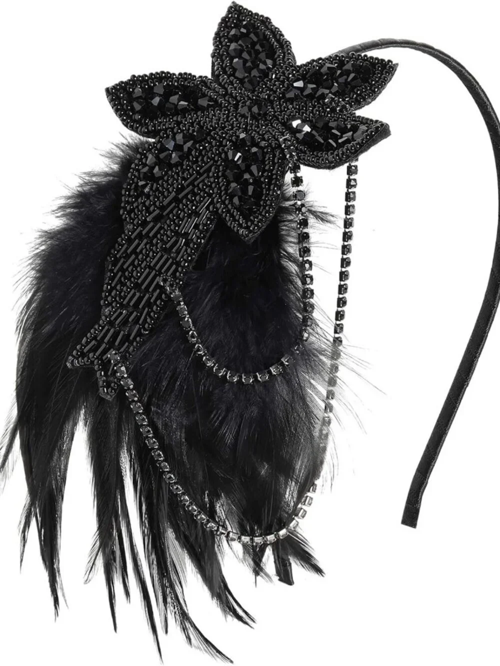 1920s Flapper Headband with Feather & Beads | Great Gatsby Hair Accessory